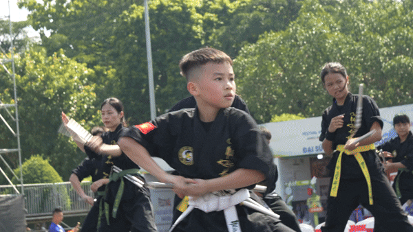 Dàn võ sư phô diễn quyền cước, binh khí tại Hoàng thành Thăng Long