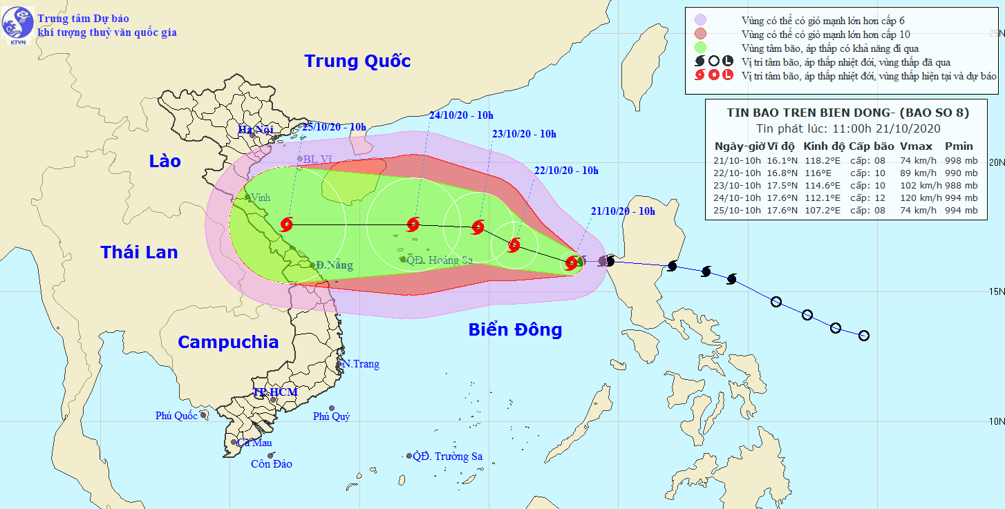 Hình ảnh dự báo đường đi của cơn bão số 8 của Trung tâm Dự báo Khí tượng - Thủy văn Quốc gia 