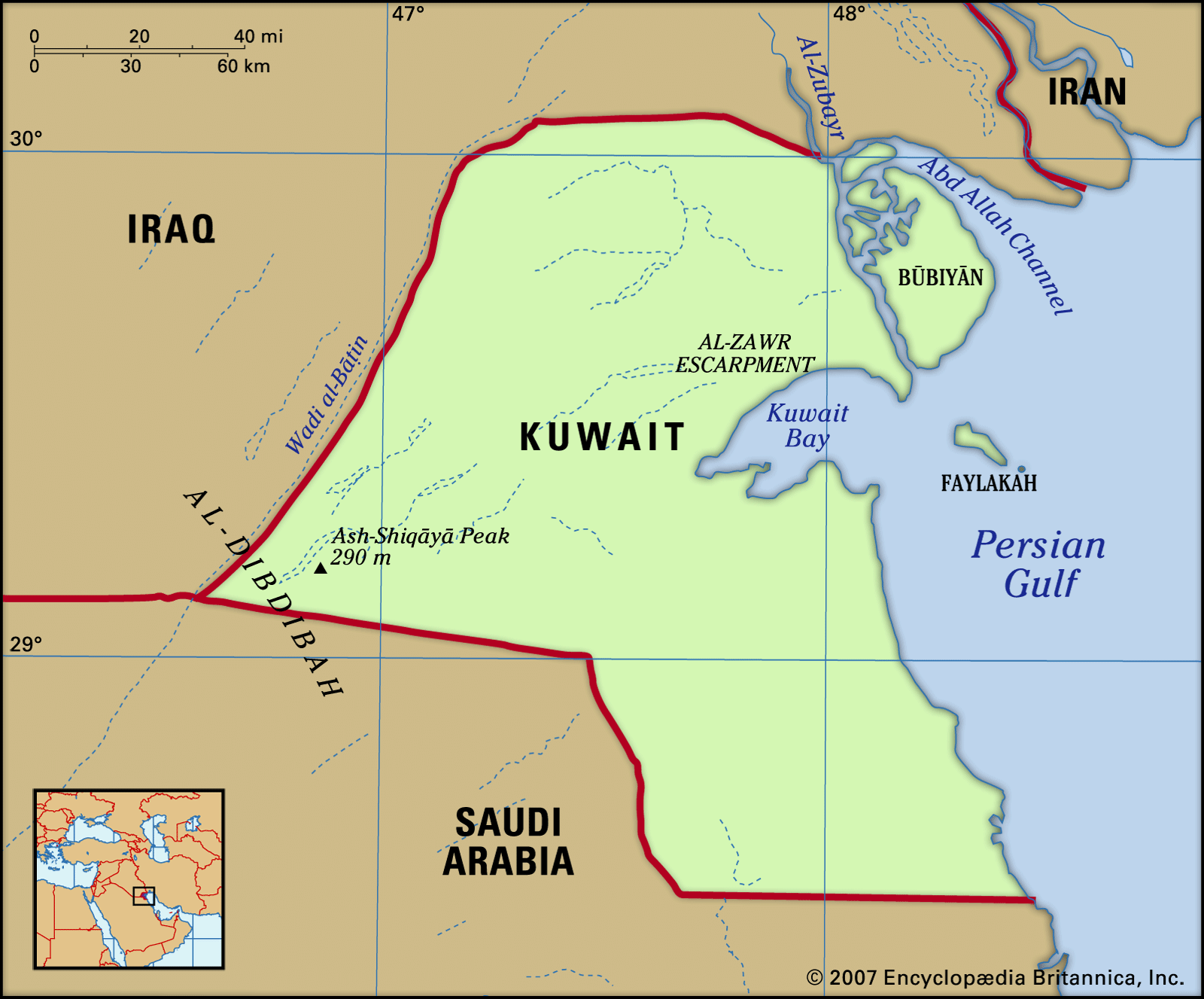  Các căn cứ quân sự Mỹ tại Kuwait cùng vị trí sát sườn bờ biển Iran biến Kuwait thành "nạn nhân bất đắc dĩ". Ảnh: Britannica. 