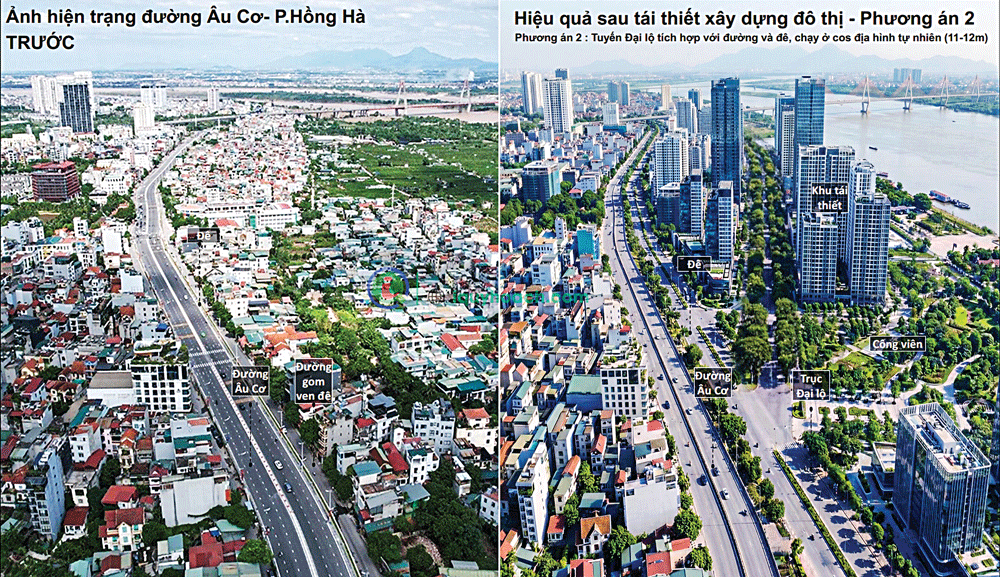 Phối cảnh trước và sau khi tái thiết ngoài đê phường Hồng Hà (khu vực gần cầu Nhật Tân). Ảnh: HUPI